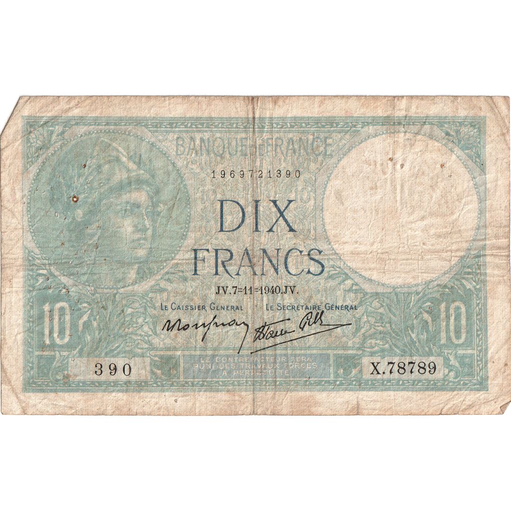 Francia, 10 Francs, Minerve, 1940-11-07, X.78789, BC