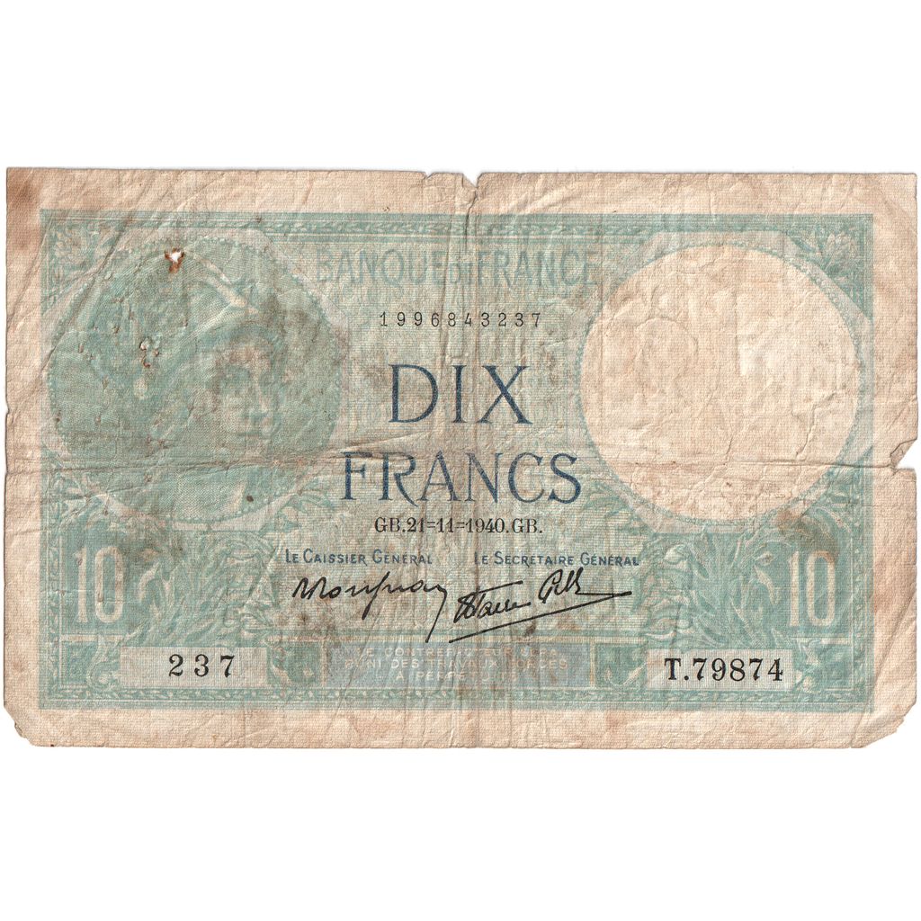 Francia, 10 Francs, Minerve, 1940-11-21, T.79874, MB