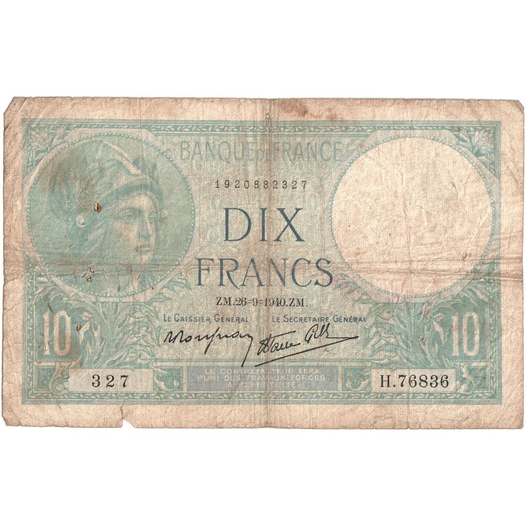 Francia, 10 Francs, Minerve, 1940-09-26, H.76836, MB