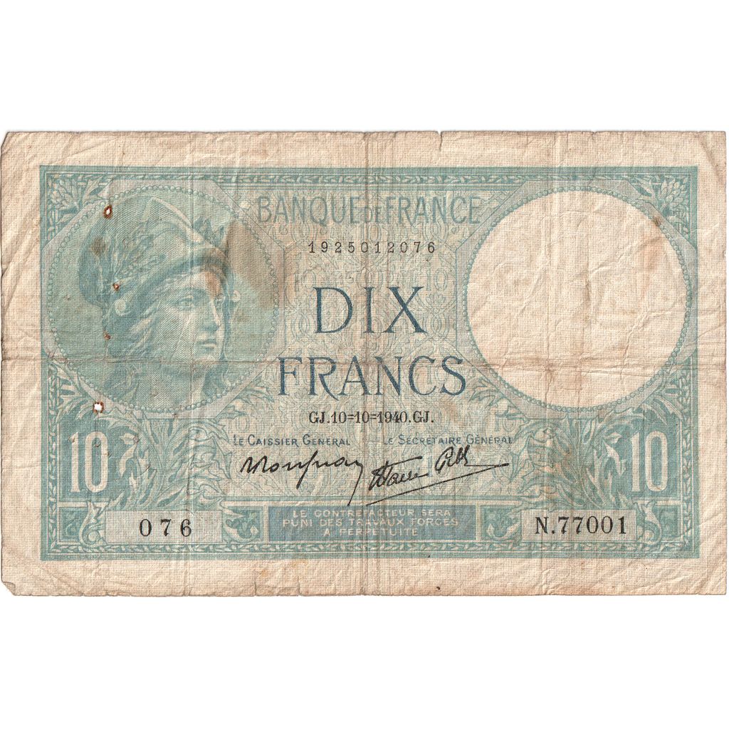 França, 10 Francs, Minerve, 1940-10-10, N.77001, VF(20-25)