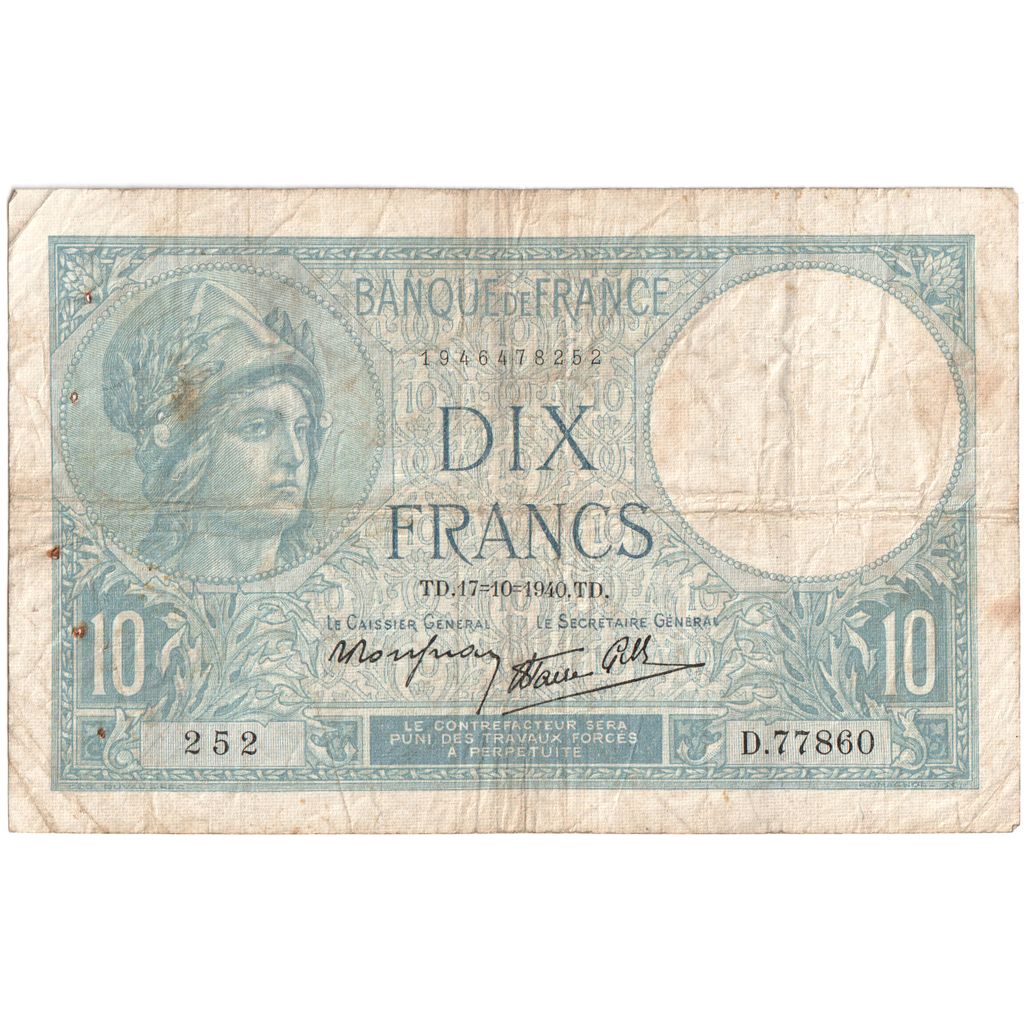 Francia, 10 Francs, Minerve, 1940-10-17, D.77860, MB