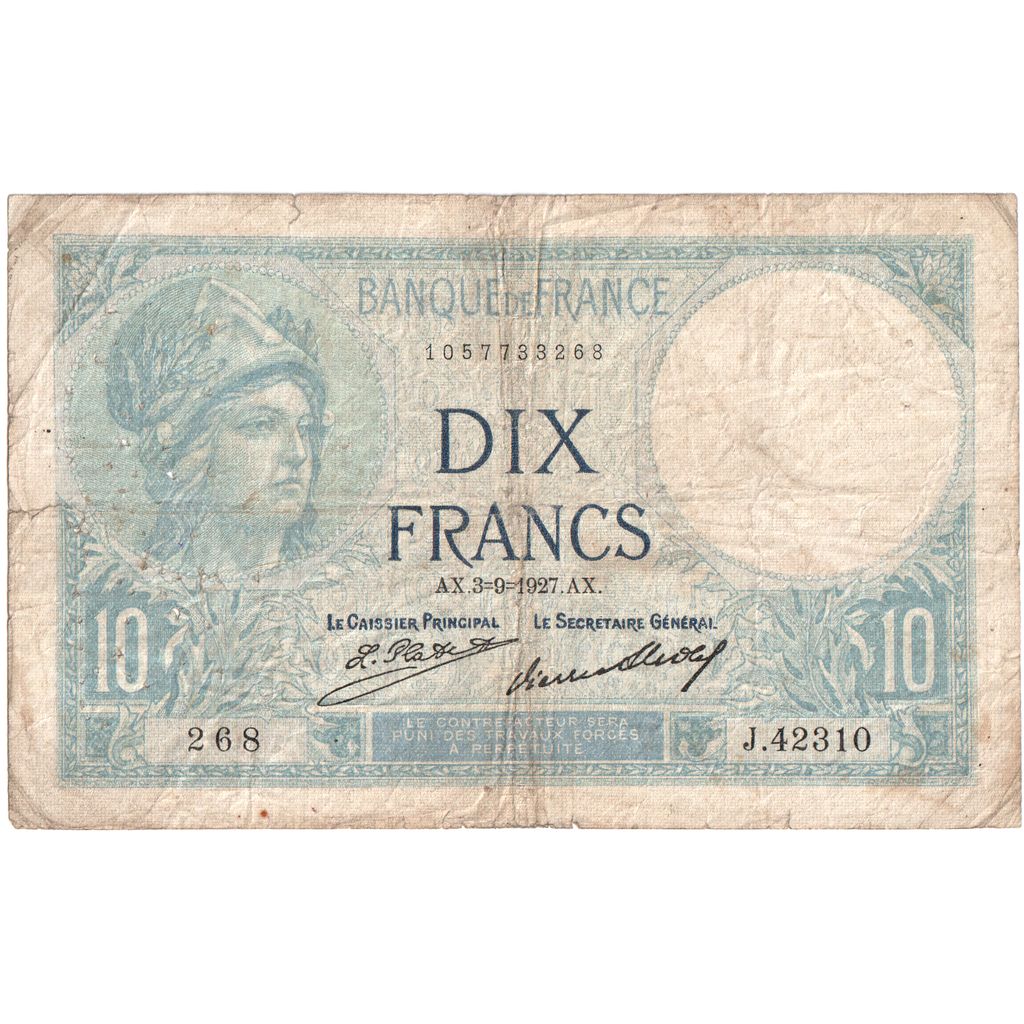 France, 10 Francs, Minerve, 1927-09-03, J.42310, VF(20-25)