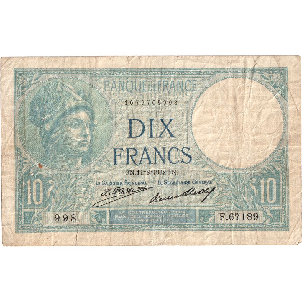 Francia, 10 Francs, Minerve, 1932-08-11, F.67189, MB+