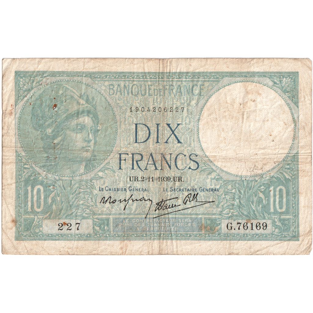 Francia, 10 Francs, Minerve, 1939-11-02, G.76169, MB