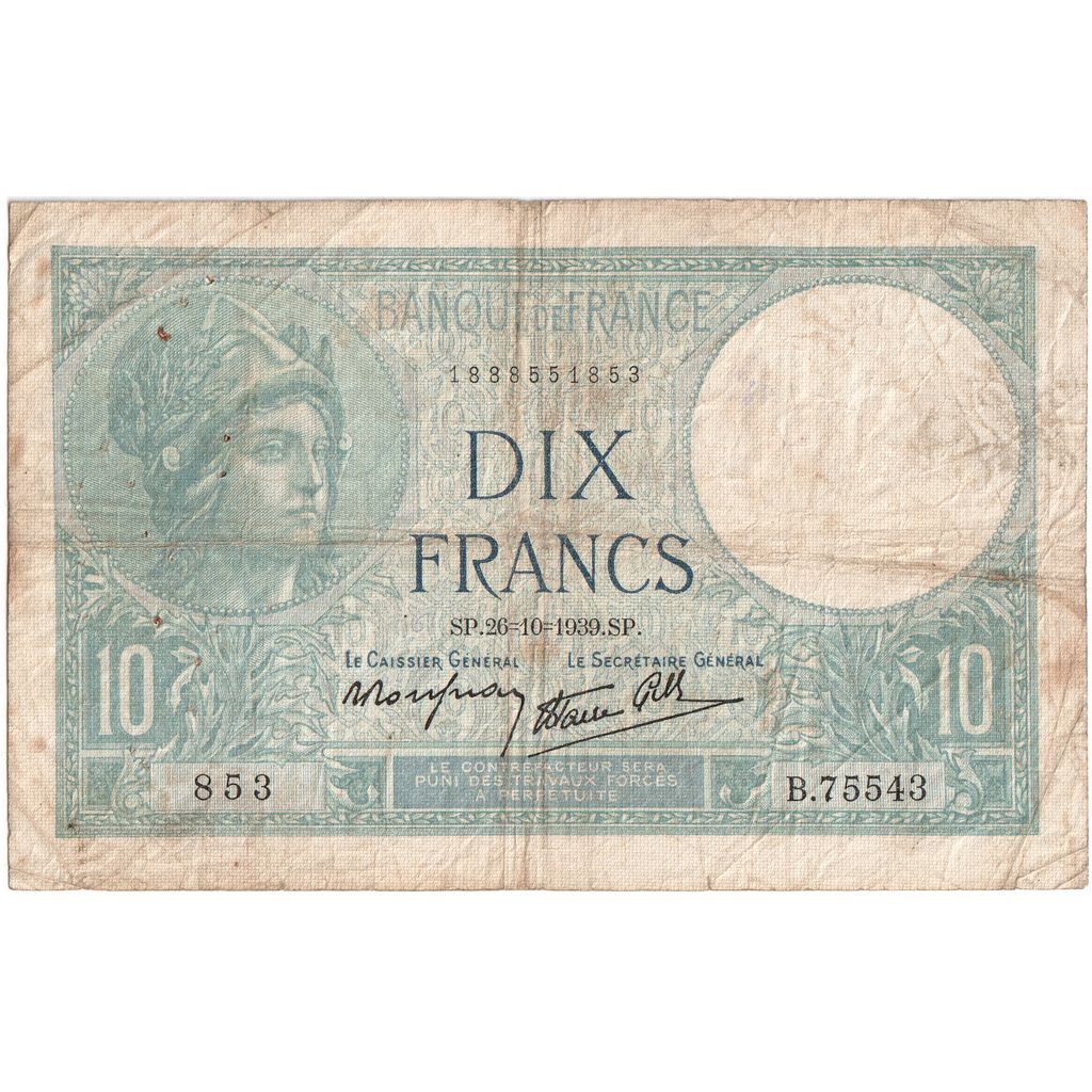 Frankrijk, 10 Francs, Minerve, 1939-10-26, B.75543, TB