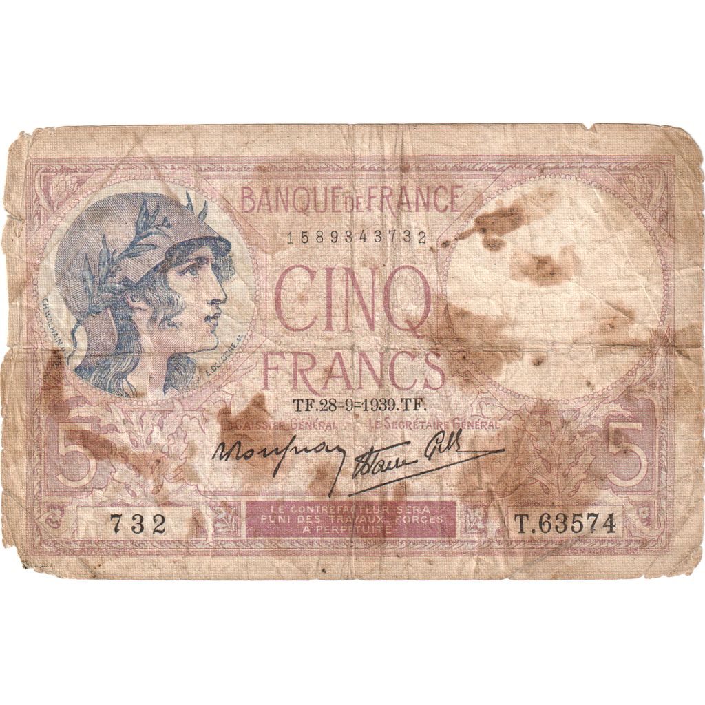 Francia, 5 Francs, Violet, 1939-09-28, T.63574, BC