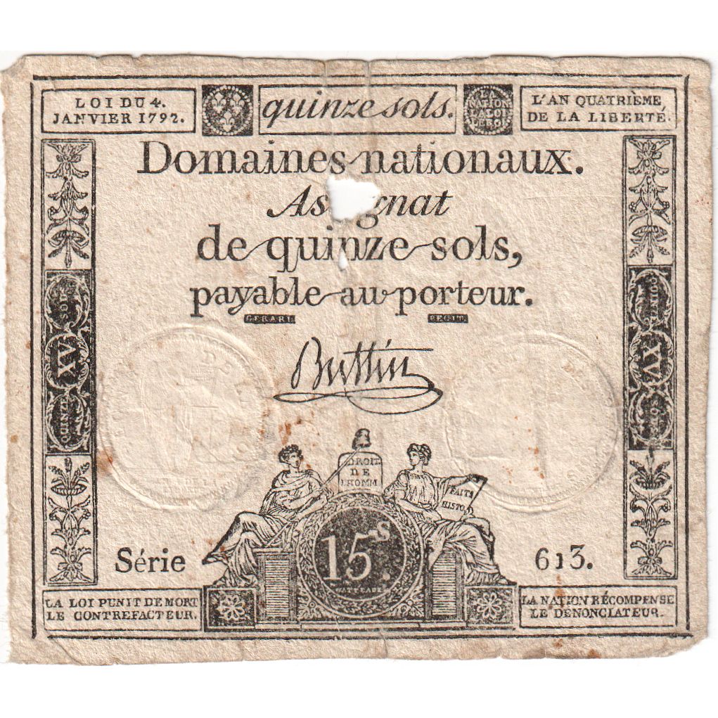 França, 15 Sols, 1792-10-24, SERIE 613, VF(20-25)