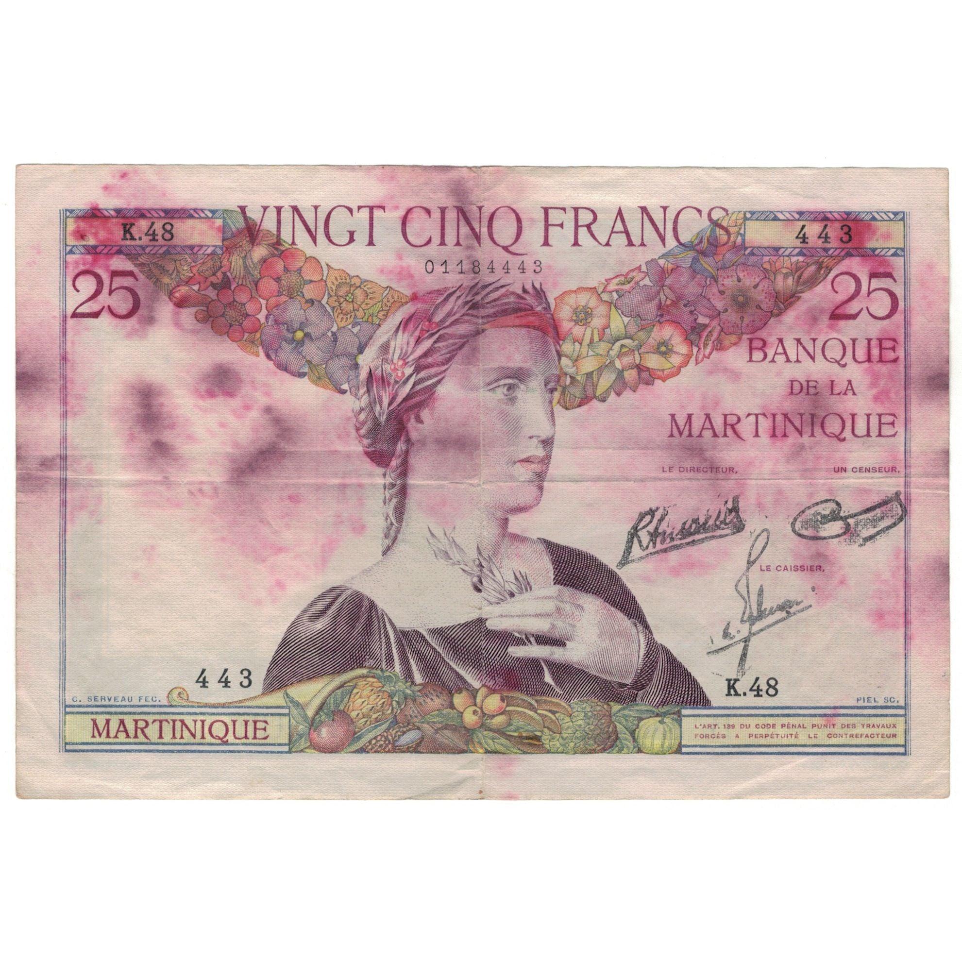 Martinique, 25 Francs, 1945, K.48, VF(20-25), KM:12