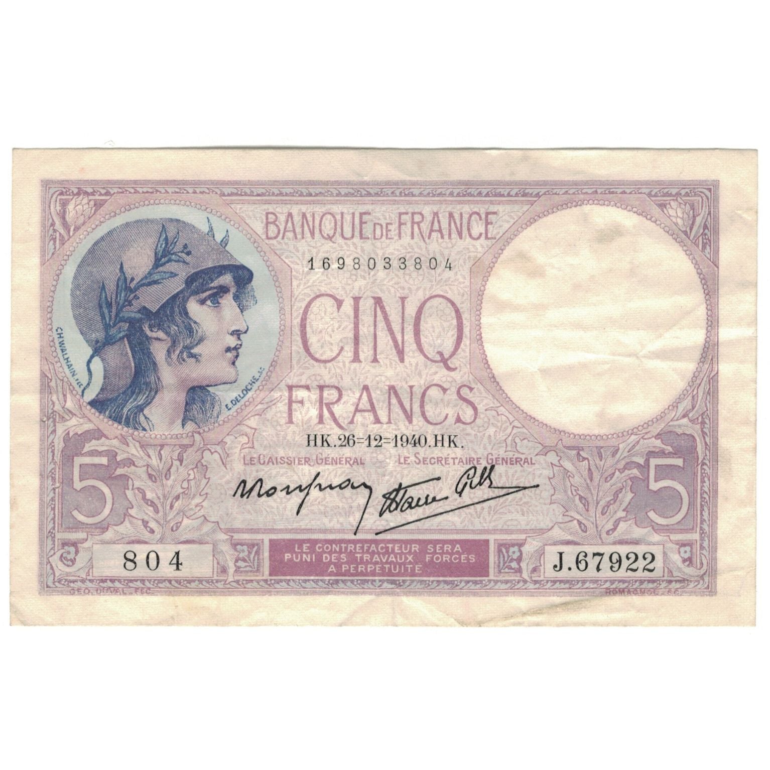 Frankreich, 5 Francs, 1940, J.67922, SS+, Fayette:4.18, KM:83