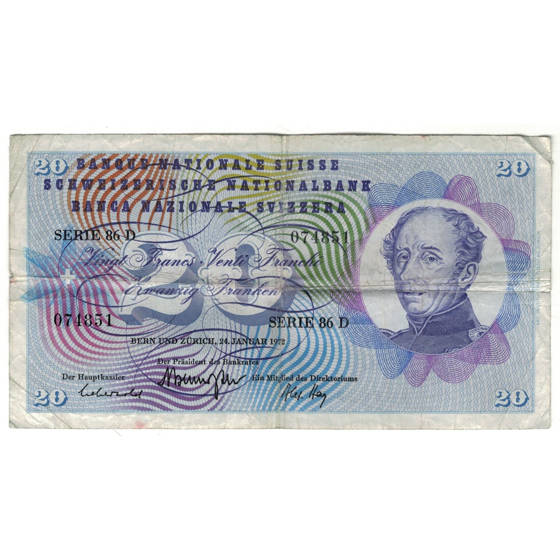 Geldschein, Schweiz, 20 Franken, 1972, 1972-01-24, KM:46t, S