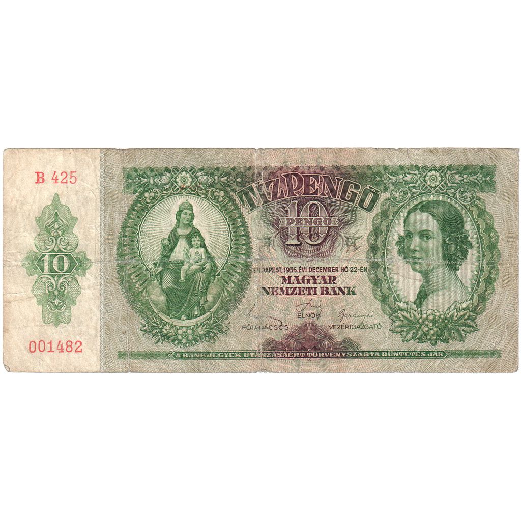 Hongrie, 10 Pengö, 1936-12-22, TB+