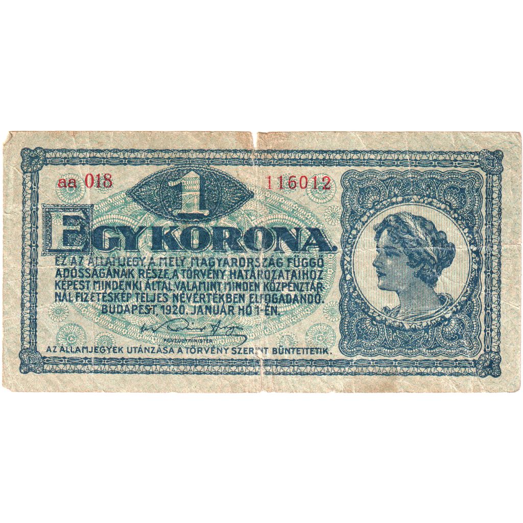 Hongrie, 1 Korona, 1920-01-01, TB