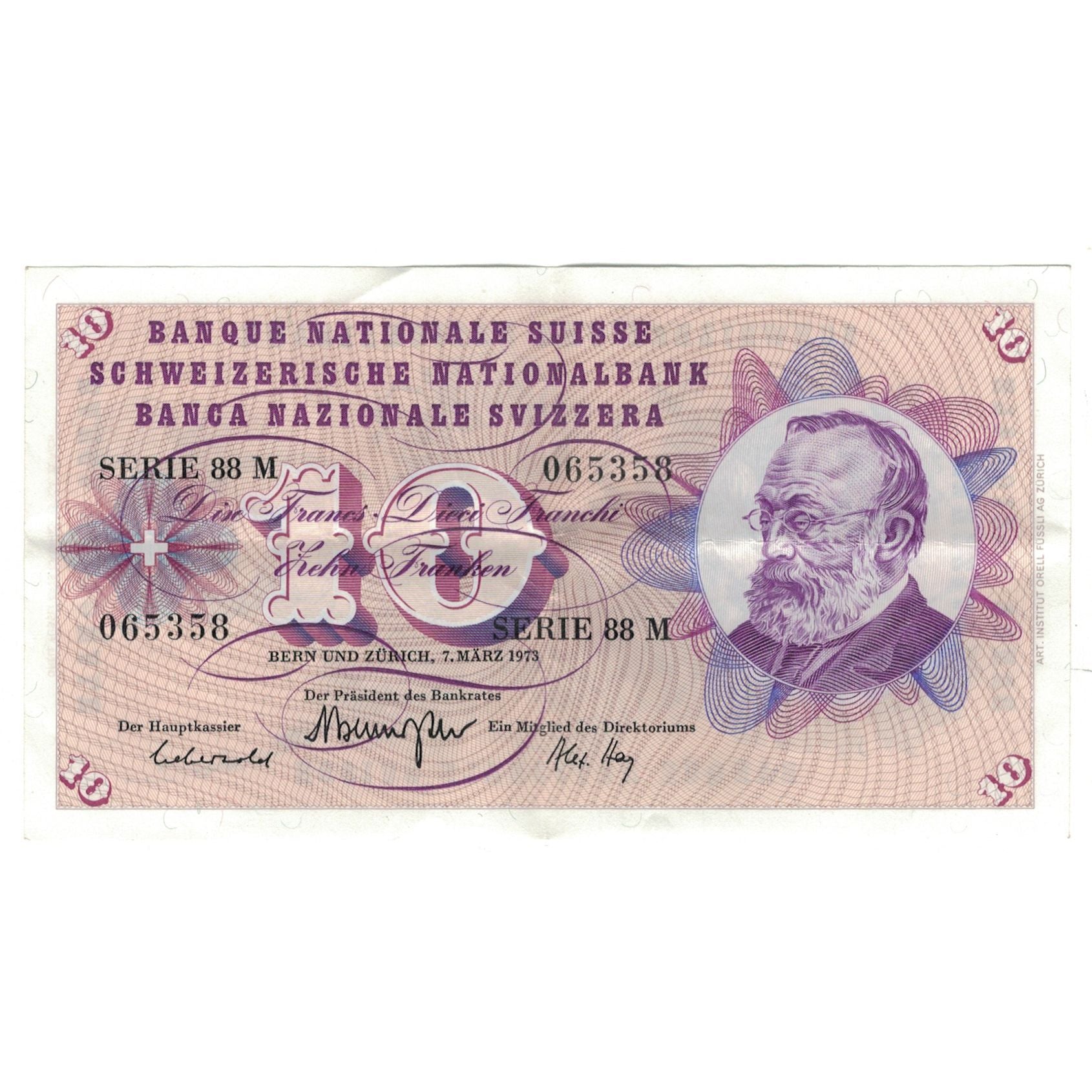 Banconote, Svizzera, 10 Franken, 1973, 1973-03-07, KM:45s, SPL-