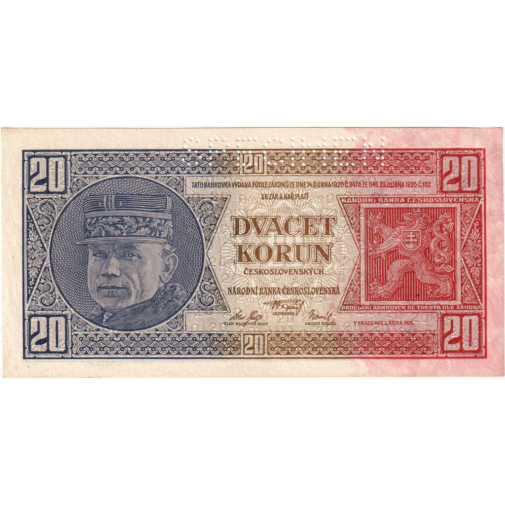 Czechoslovakia, 20 Korun, 1926-10-01, UNC(65-70)