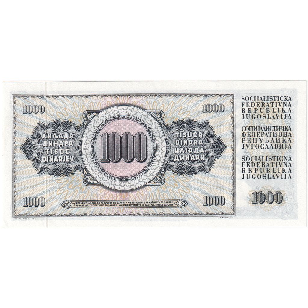 Iugoslavia, 1000 Dinara, 1974-12-19, FDS