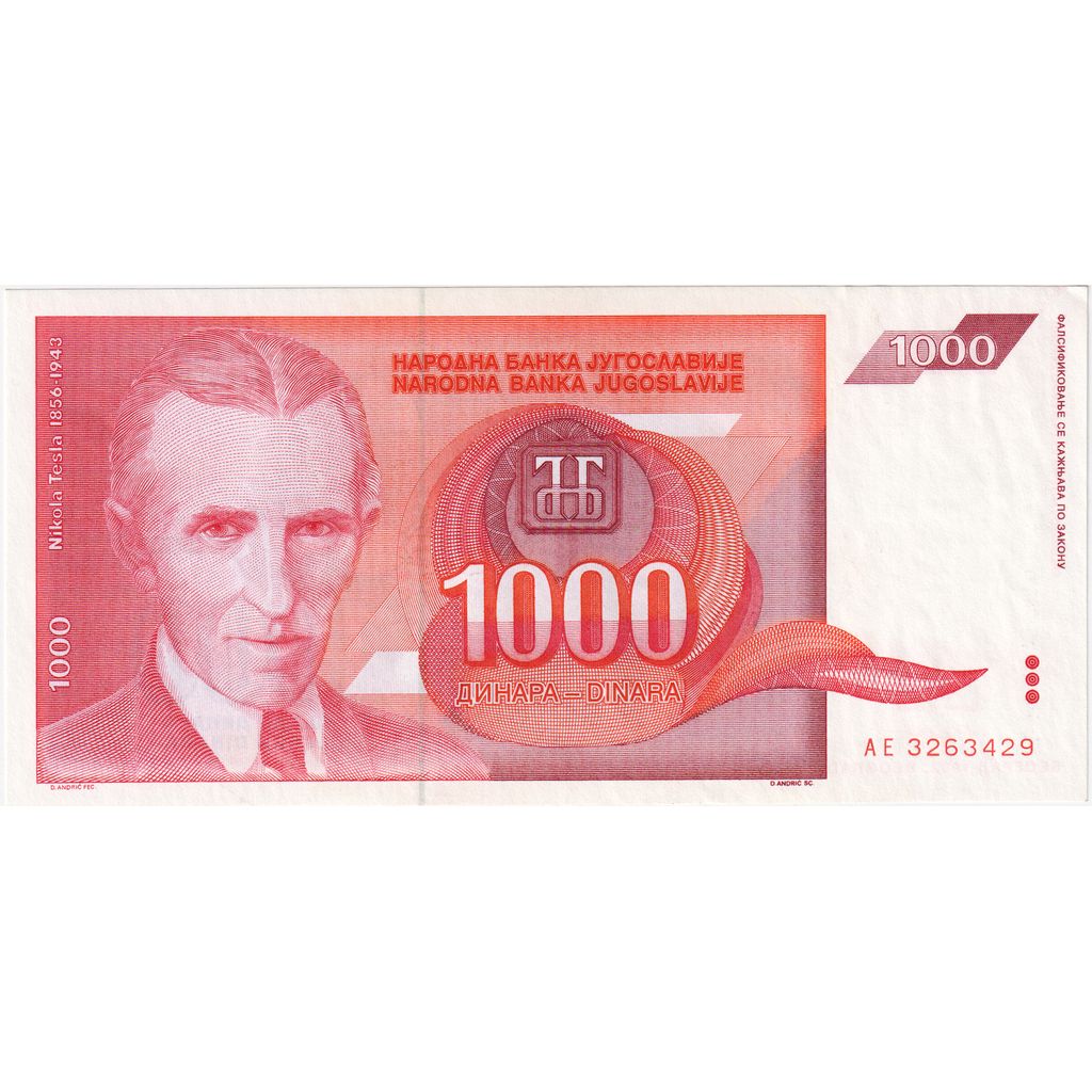 Banconote, Iugoslavia, 1000 Dinara, 1992, KM:114, Undated, FDS