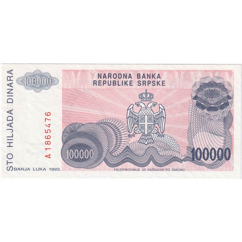 Bosnië - Herzegovina, 100,000 Dinara, 1993, NIEUW