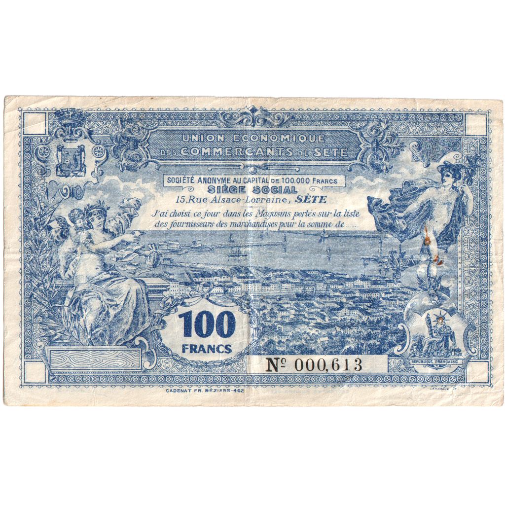 France, 100 Francs, 000613, UNION DES COMMERÇANTS DE SETE, EF(40-45)