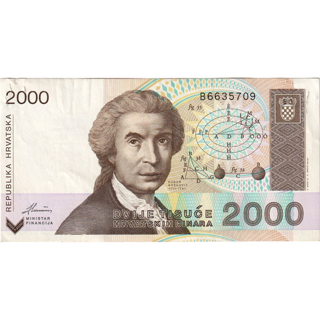 Banknote, Croatia, 2000 Dinara, 1992, 1992-01-15, KM:23s, EF(40-45)