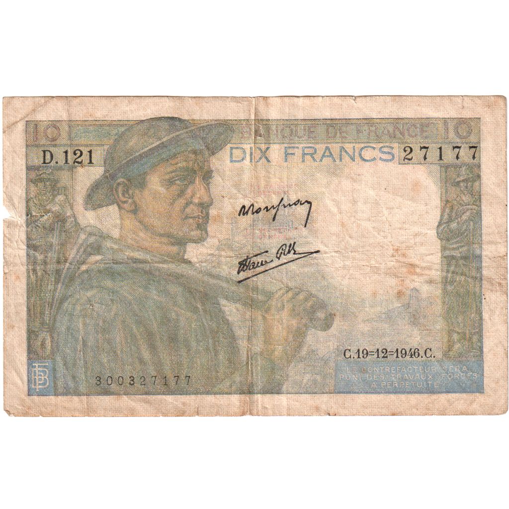 France, 10 Francs, Mineur, 1946-12-19, D.121, VF(20-25)