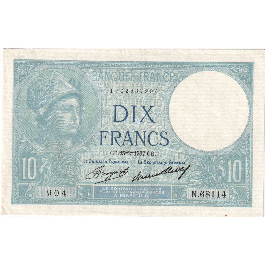 Francia, 10 Francs, Minerve, 1937-02-25, N.68114, SPL