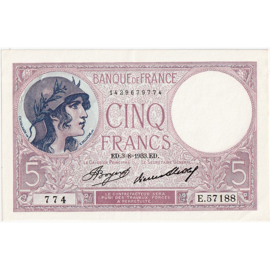 Francja, 5 Francs, Violet, 1933-08-03, E.57188, UNC(63)