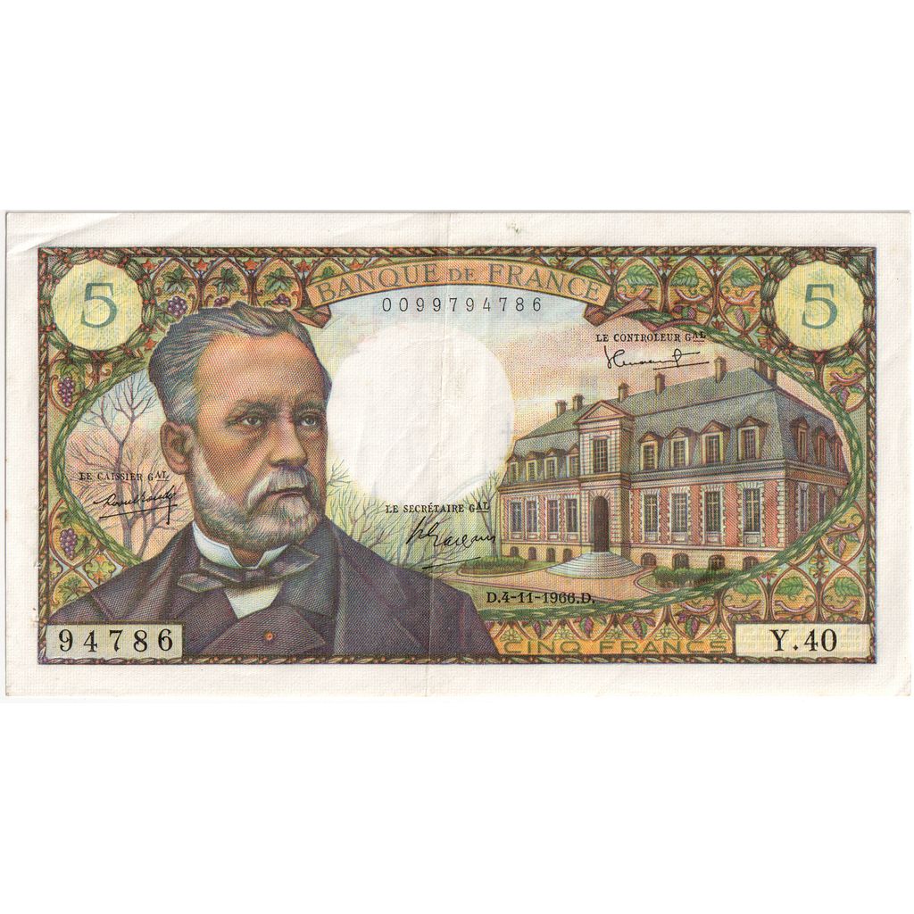 France, 5 Francs, Pasteur, 1966-11-04, Y.40, AU(55-58)