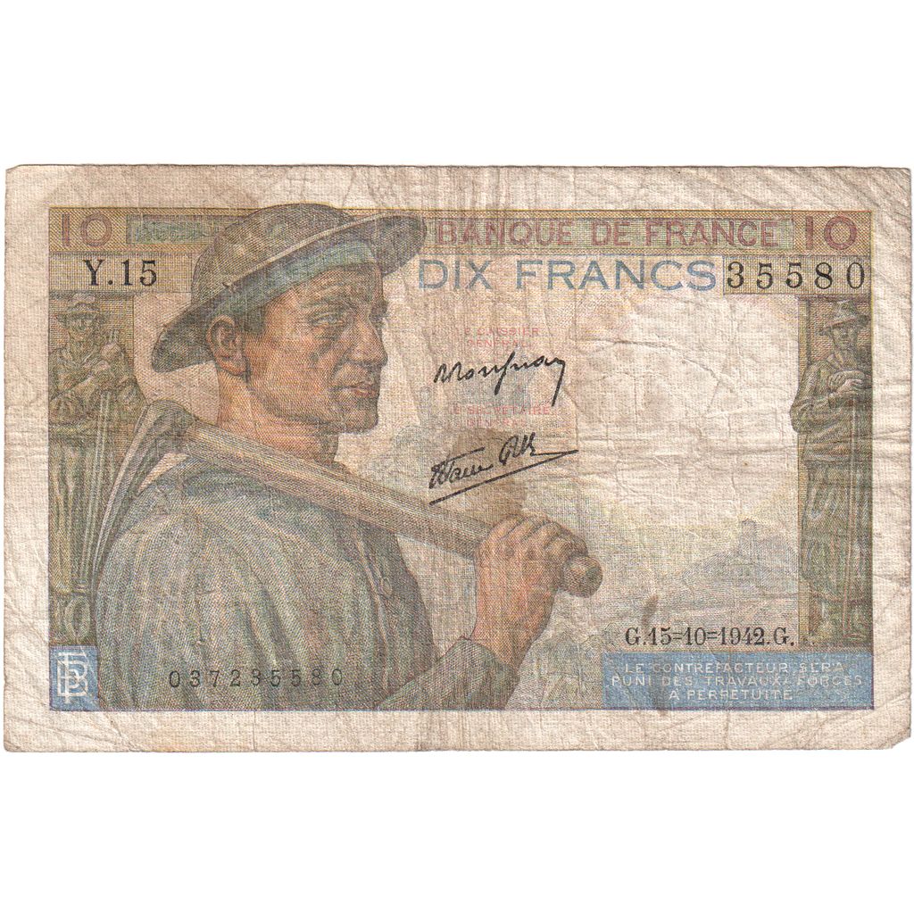 France, 10 Francs, Mineur, 1942-10-15, Y.15, TB