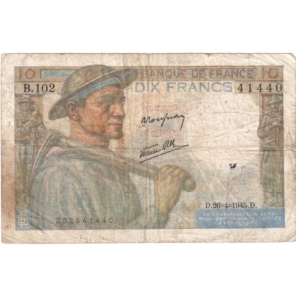 France, 10 Francs, Mineur, 1945-04-26, B.102, TB+