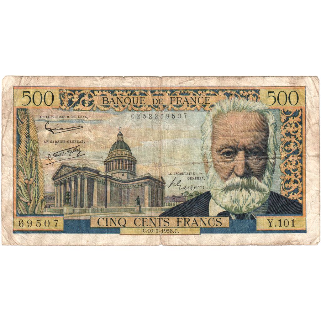 France, 500 Francs, Victor Hugo, 1958-07-10, Y.101, VF(20-25)