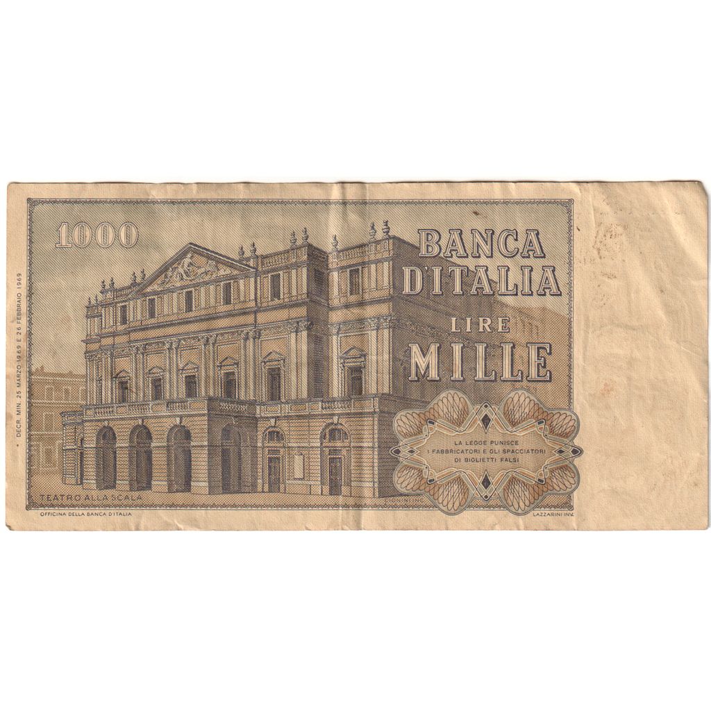 Itália, 1000 Lire, 1969-02-26, VF(20-25)