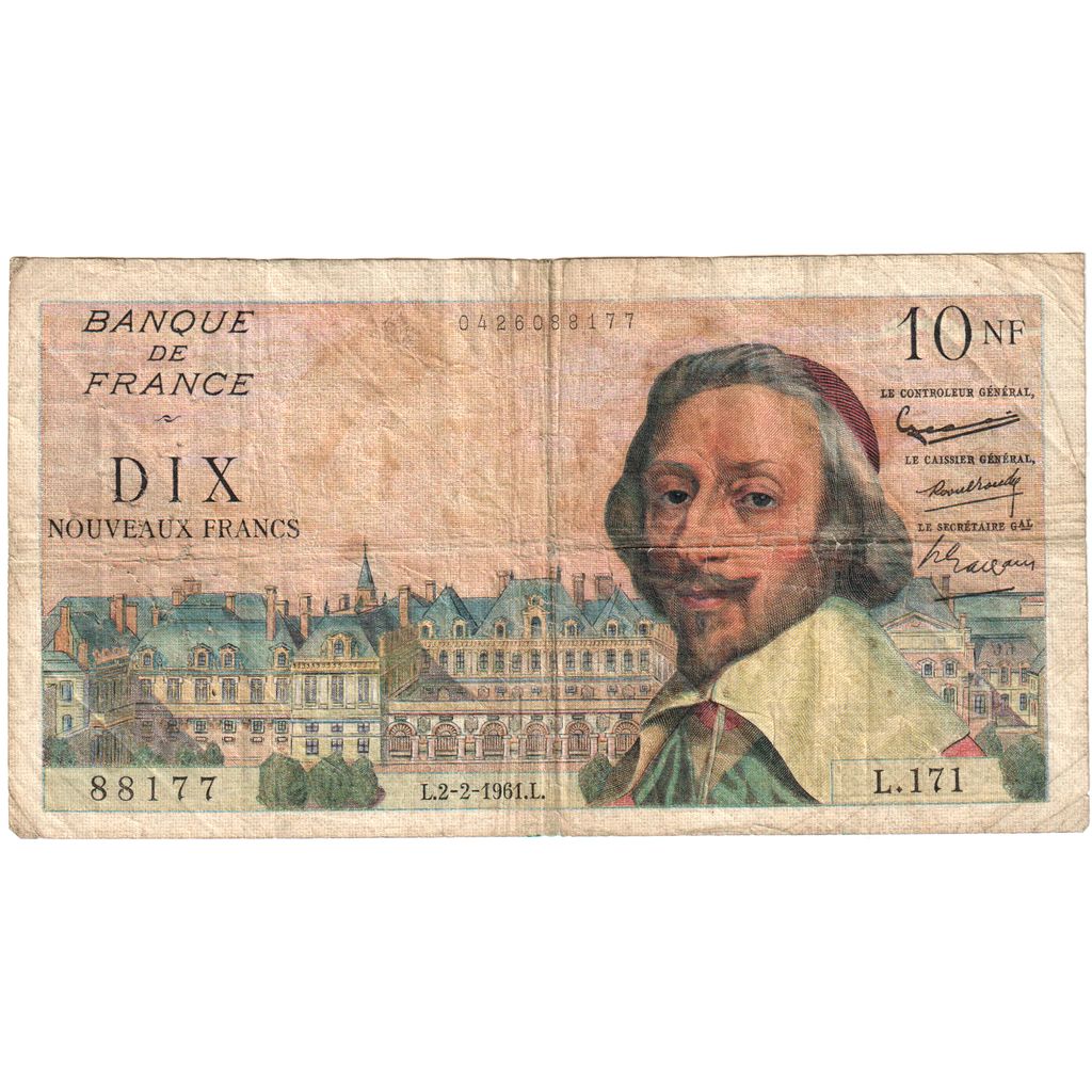 France, 10 Nouveaux Francs, Richelieu, 1961-02-02, L.171, VF(20-25)