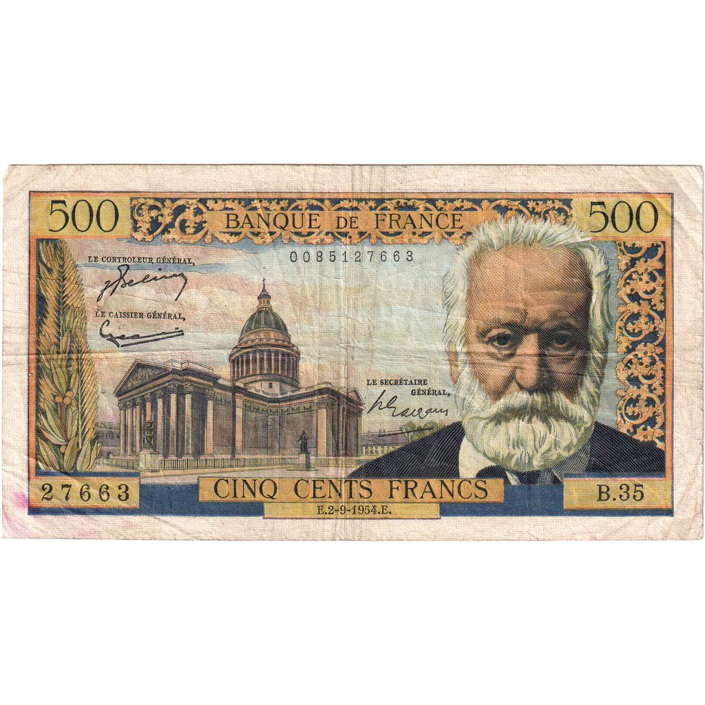 France, 500 Francs, Victor Hugo, 1954-09-02, B.35, VF(30-35)