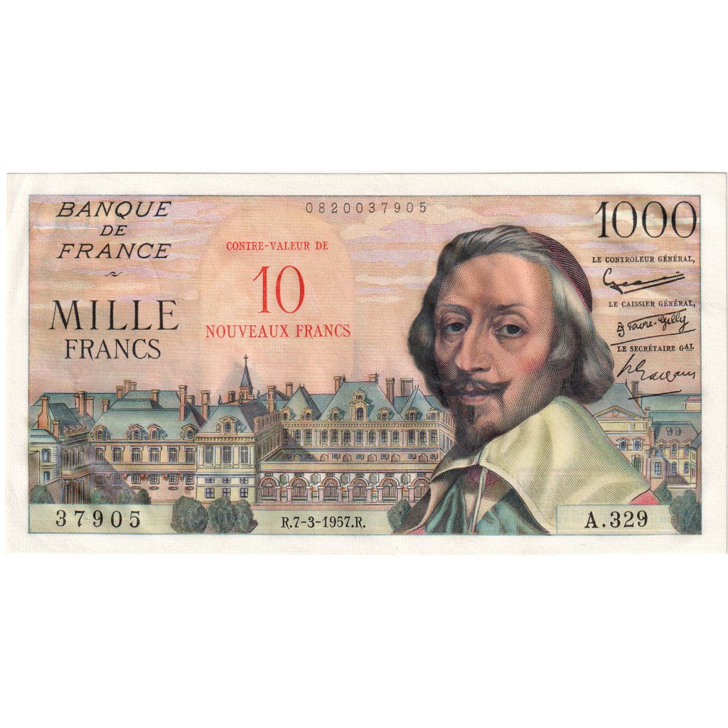 France, 10 Nouveaux Francs on 1000 Francs, Richelieu, 1957-03-07, A.329, UNC(63)