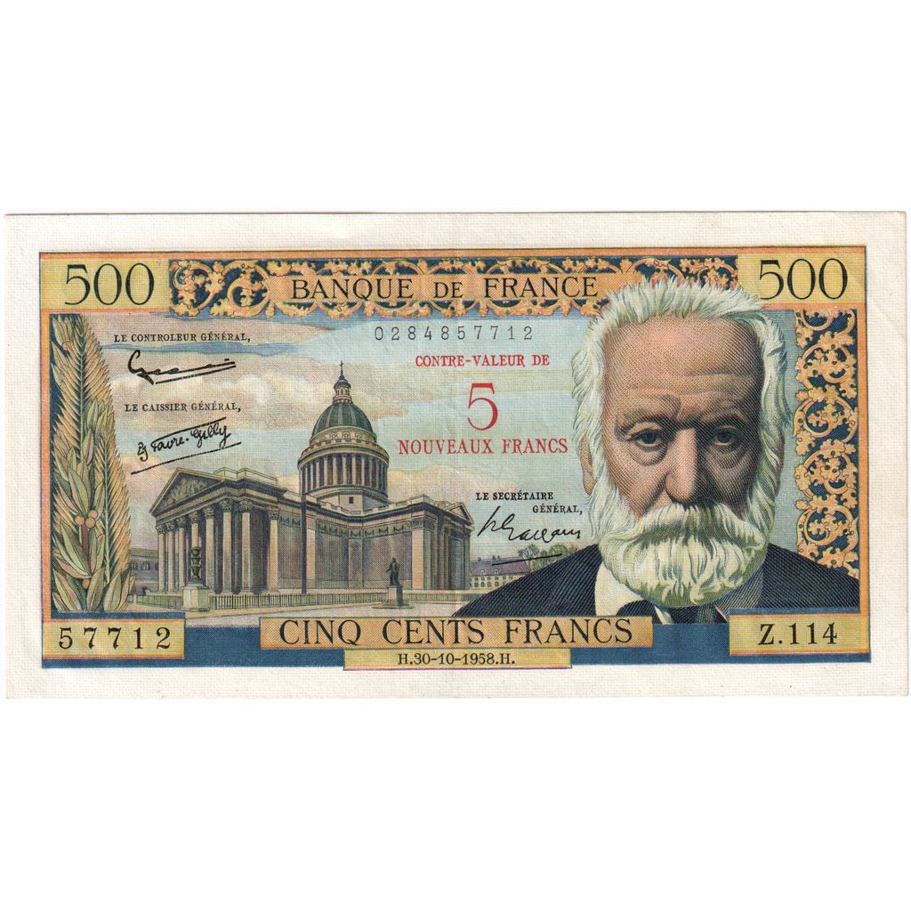 France, 5 Nouveaux Francs on 500 Francs, Victor Hugo, 1958-10-30, Z.114
