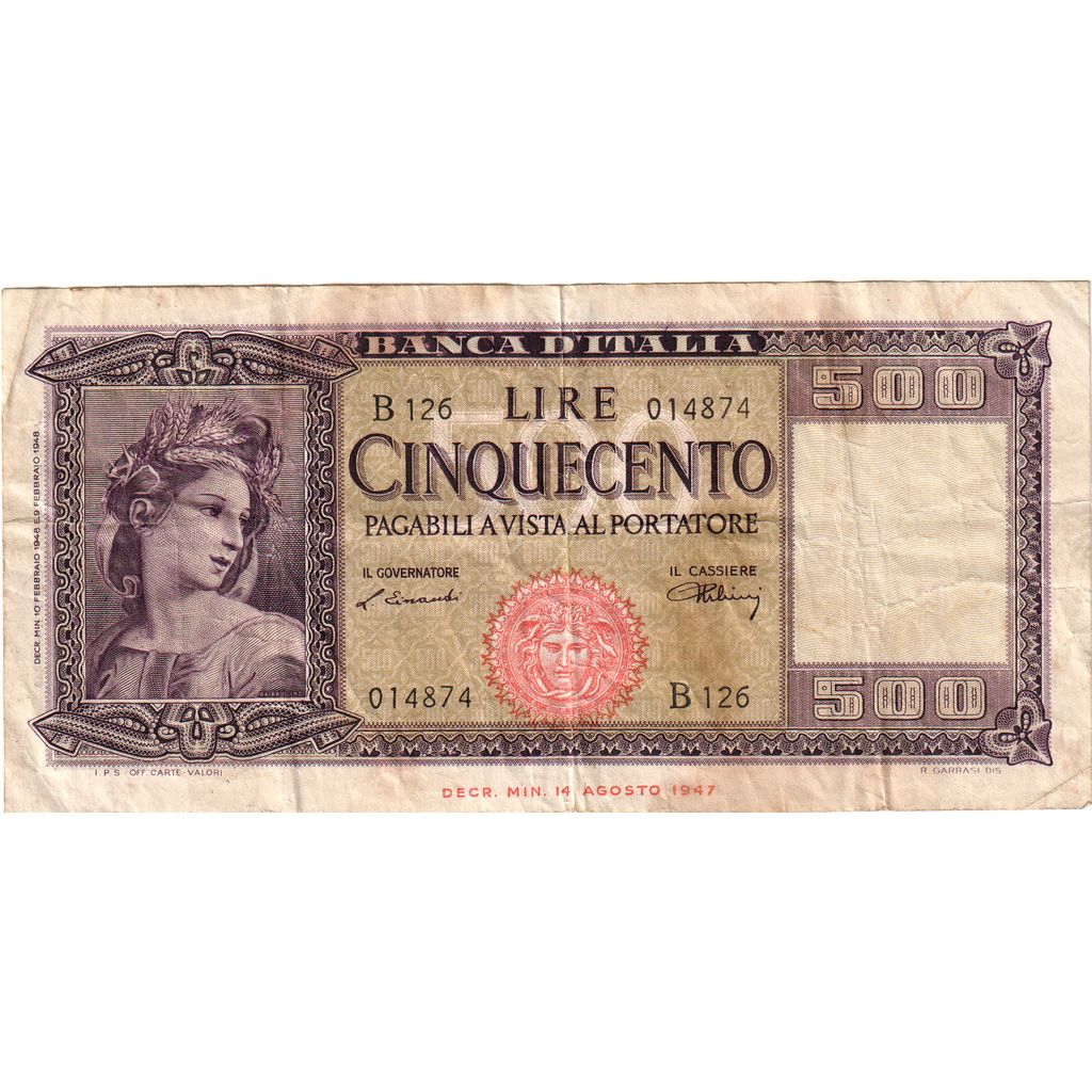 Italia, 500 Lire, 1947-08-14, MB+