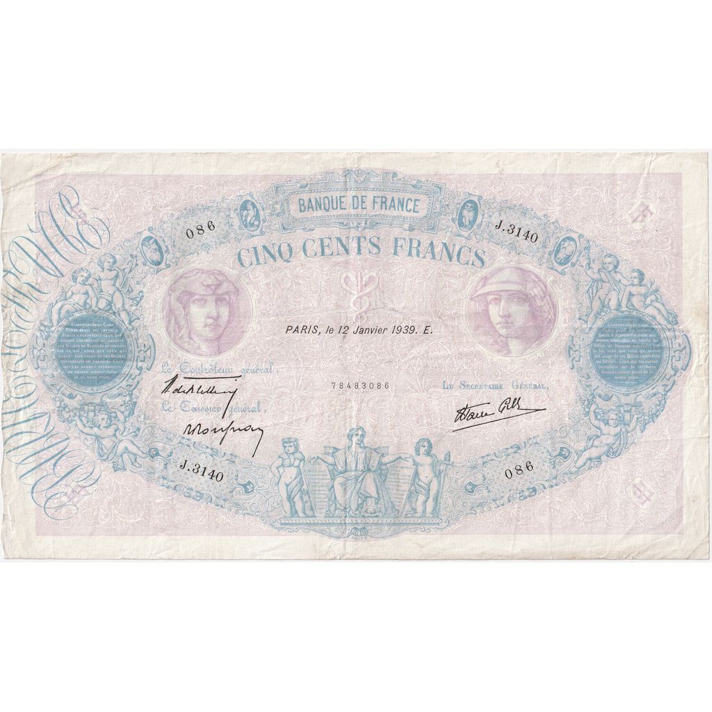 France, 500 Francs, Bleu et Rose, 1939-01-12, J.3140, VF(30-35)