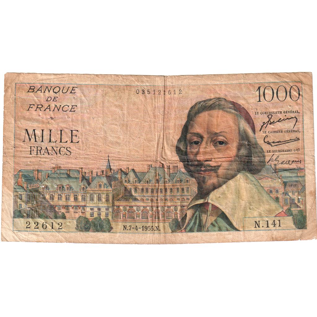 France, 1000 Francs, Richelieu, 1955-04-07, N.141, VF(20-25)