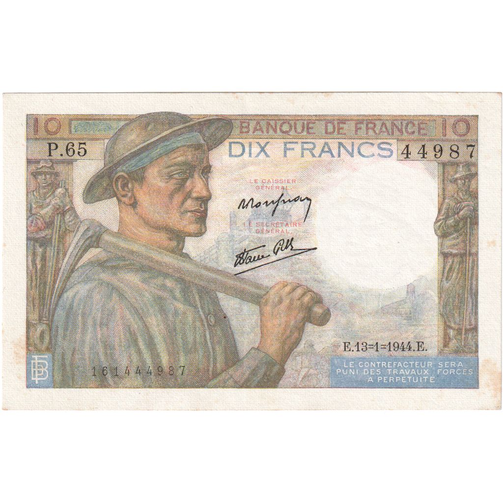 Francja, 10 Francs, Mineur, 1944-01-13, P.65, EF(40-45)