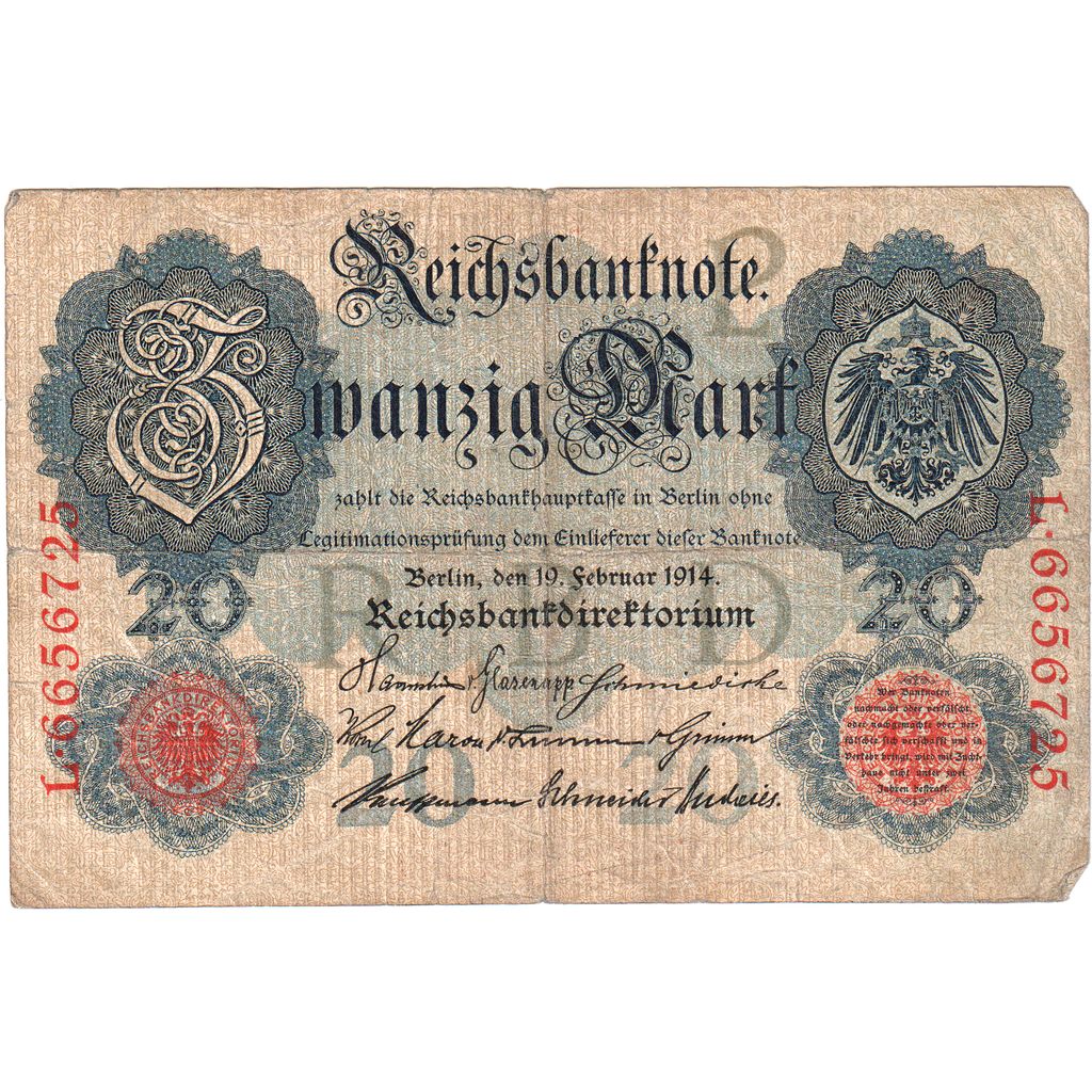 Germany, 20 Mark, 1914-02-19, VF(20-25)
