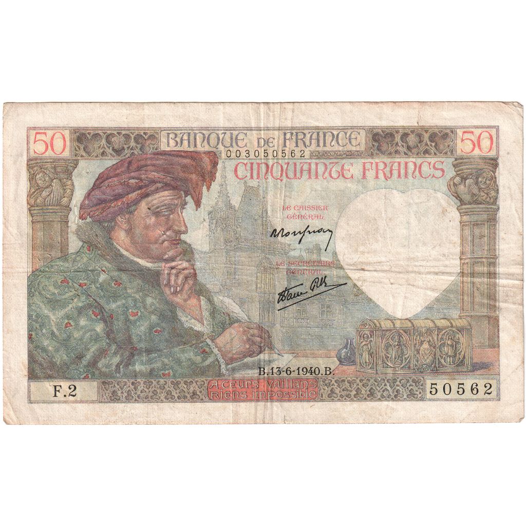 France, 50 Francs, Jacques Coeur, 1940-06-13, F.2, VF(20-25)