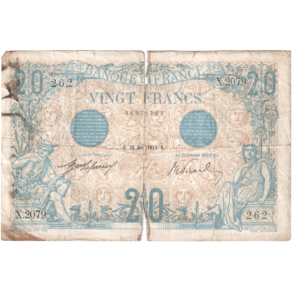 Frankrijk, 20 Francs, Bleu, 1912-07-25, X.2079, TB