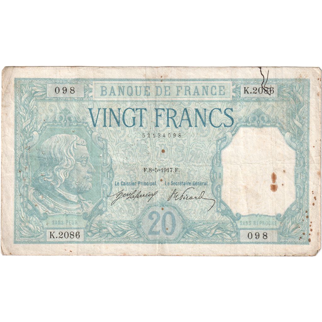 France, 20 Francs, Bayard, 1917-05-08, K.2086, VF(30-35)