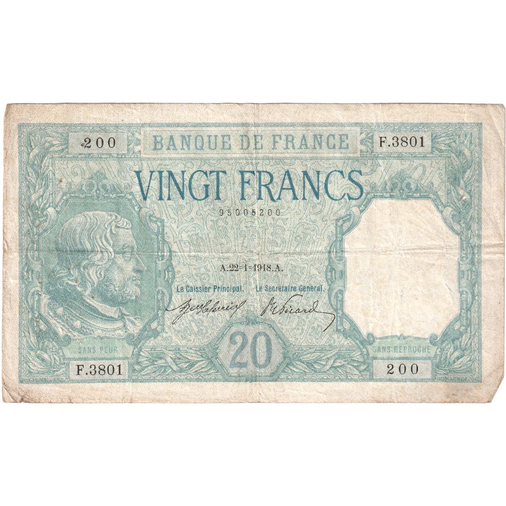 France, 20 Francs, Bayard, 1918-01-30, F.3801, VF(30-35)