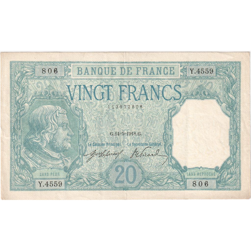 France, 20 Francs, Bayard, 1918-05-14, Y.4559, EF(40-45)