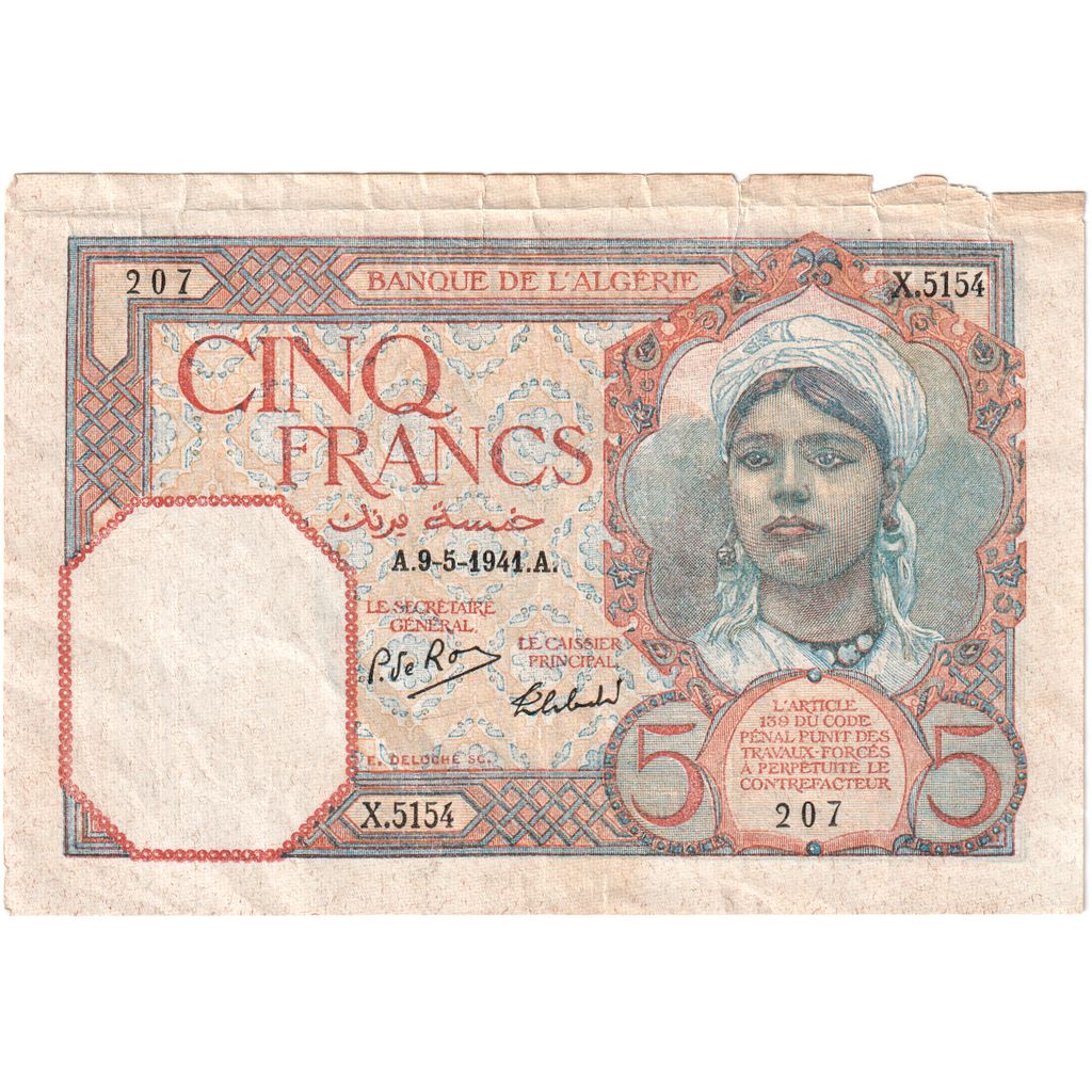 Algérie, 5 Francs, 1941-05-09, TB