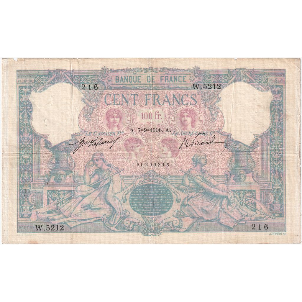 France, 100 Francs, Bleu et Rose, 1908-09-04, W.5212, TB