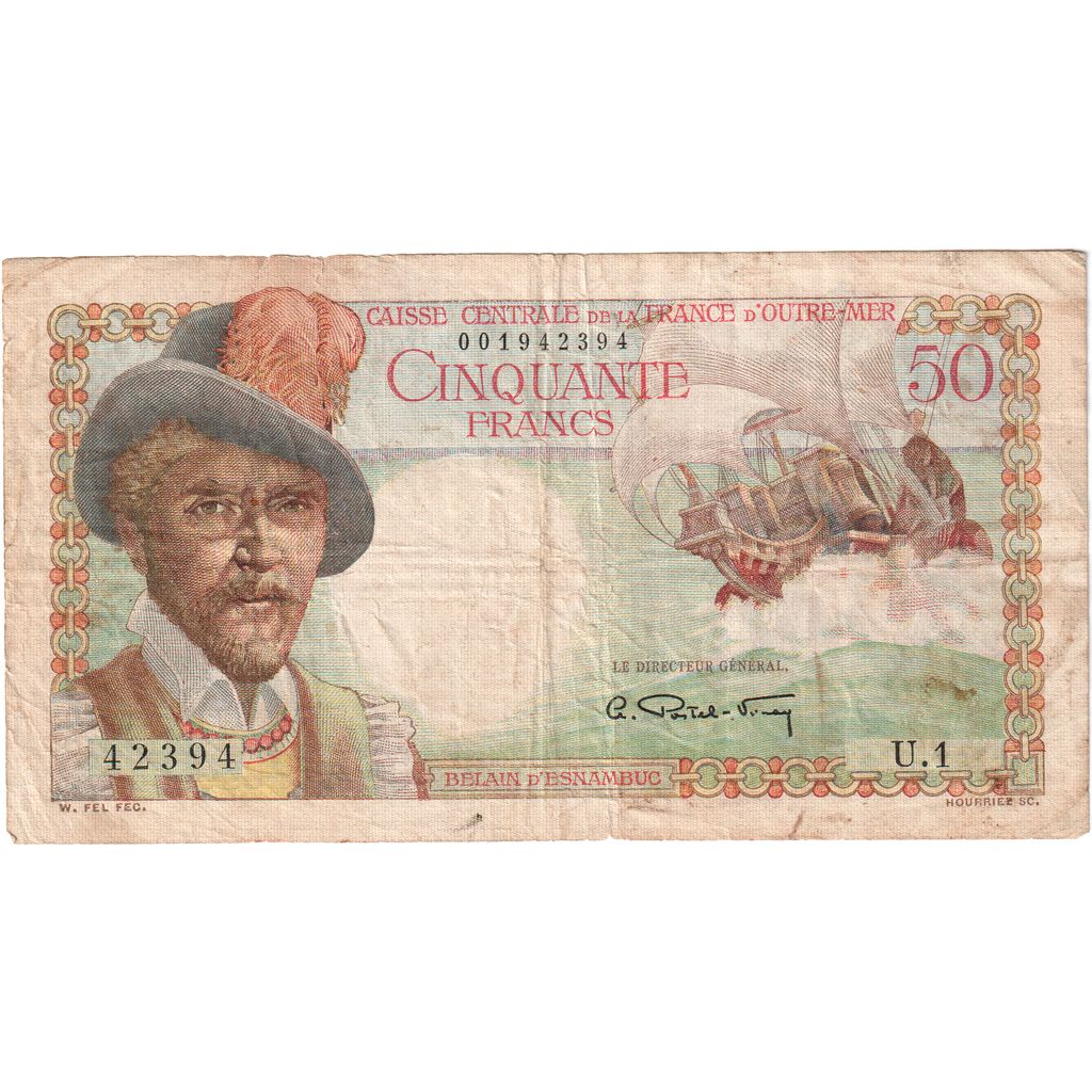 Guadeloupe, 50 Francs, Undated (1946), U.1, Belain d'Esnambuc, VF(20-25)