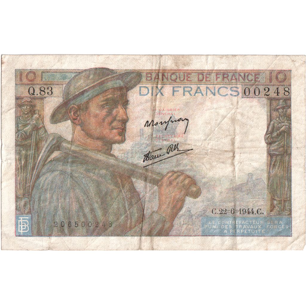 France, 10 Francs, Mineur, 1944-06-22, Q.83, TB+