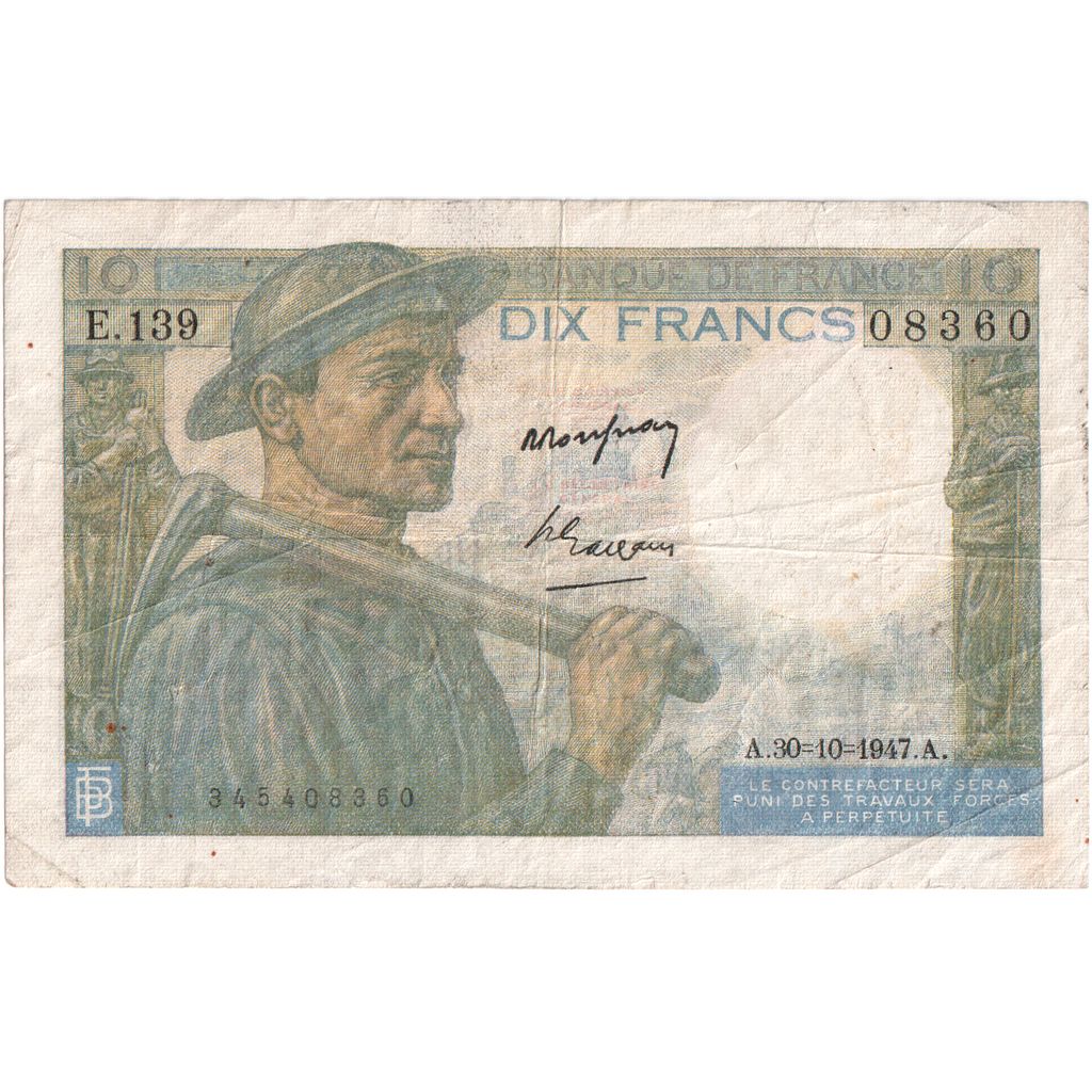Francia, 10 Francs, Mineur, 1947-10-30, E.139, MB+